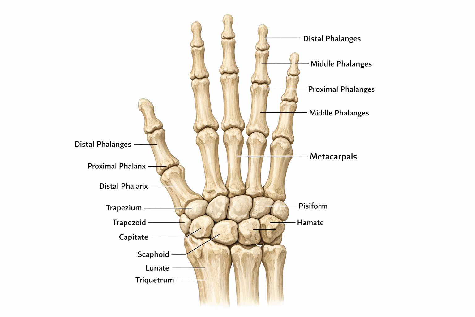 A realistic illustration of hand bones with labels, several of them repeated or pointing at the wrong bones.
